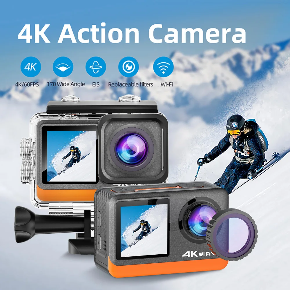 4K 액션 카메라, 2 인치 터치 IPS 듀얼 스크린, 4 배 줌, 와이파이 손떨림 방지 옵션 필터, 모토 헬멧 캠, 방수 스포츠 카메라