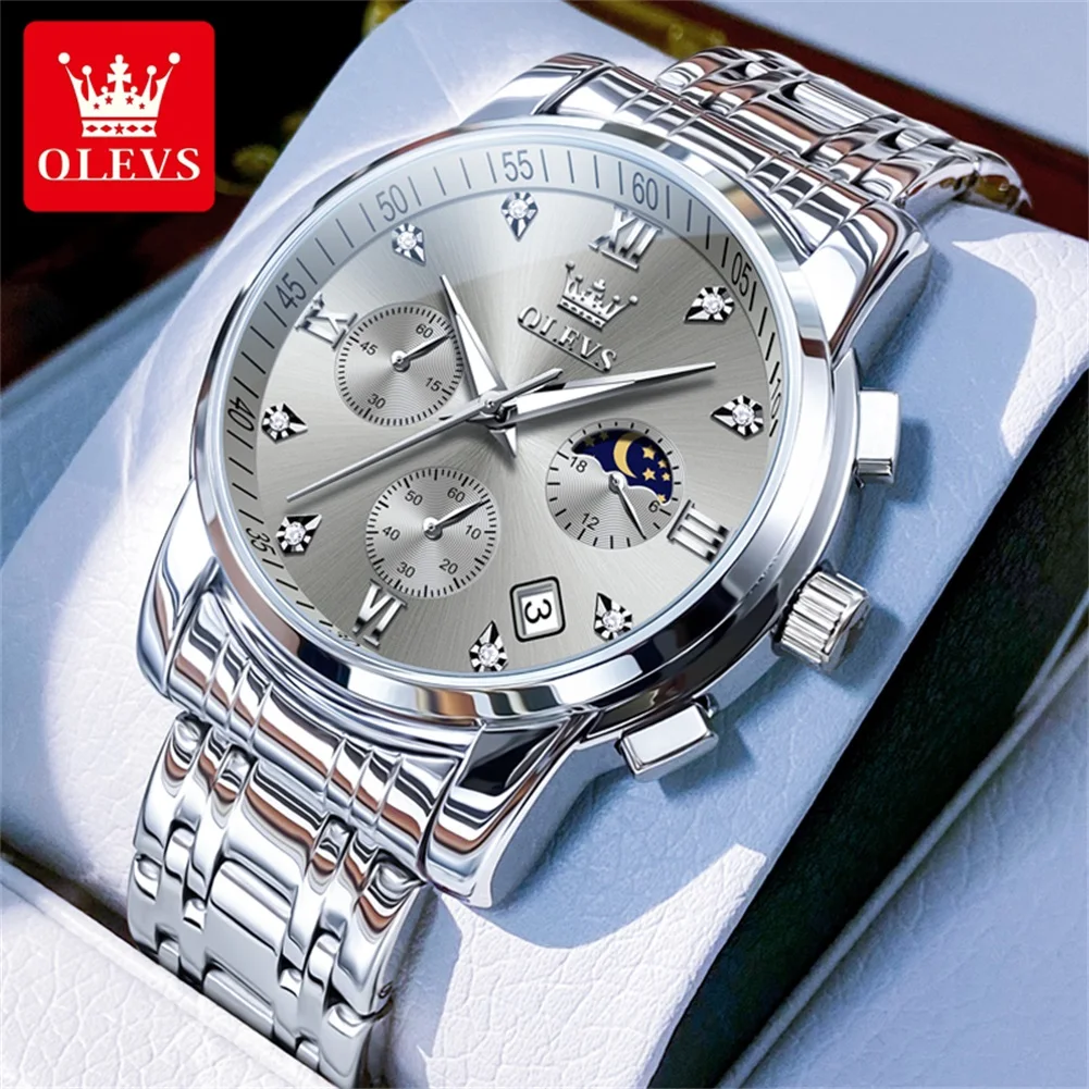 Classic Luxury Quartz Men's Watch with Moon Phase and Waterproof Stainless Steel Design