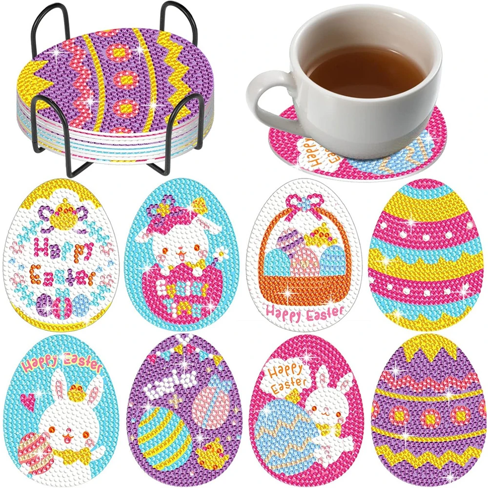 

8PCS Diamond Painting Coasters with Holder DIY Easter Bunny Diamond Painting Kit Spring Diamond Easter Crafts for Gift