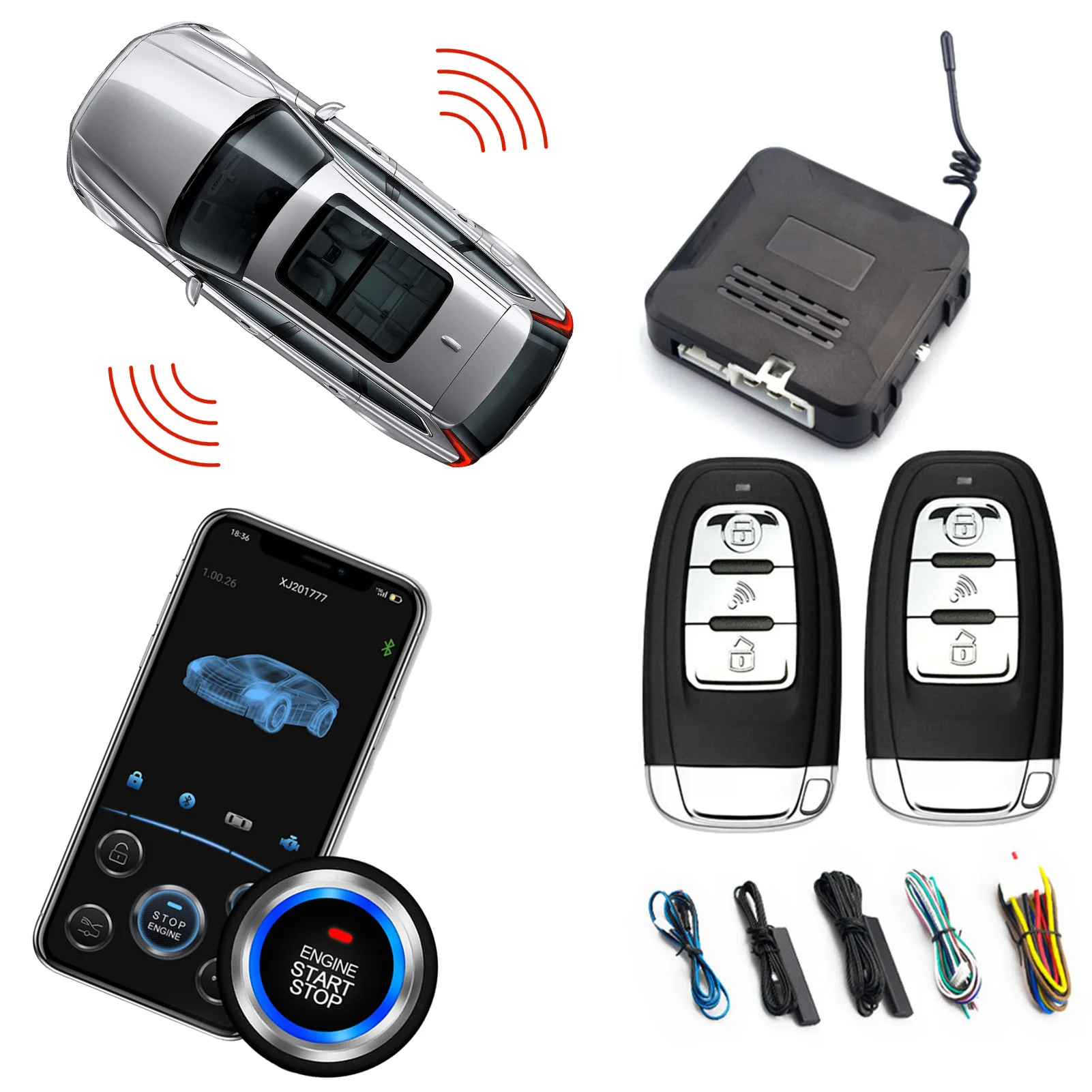 Kit d'arrêt de démarrage à distance de voiture universel Bluetooth  Application de téléphone mobile Contrôle du moteur Allumage Ouvrir le  coffre Pke Entrée sans clé Alarme de voiture