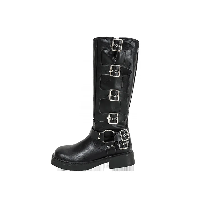 Cow Leather Women Boots Buckle Strap Middle Boots Europe Flat Heel Boots
