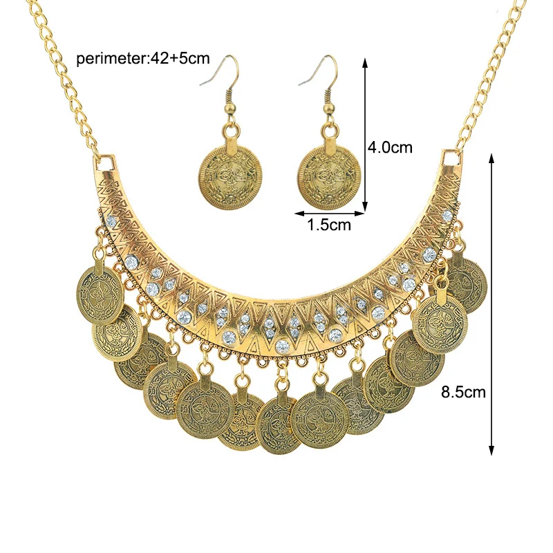 طقم قلادة عملات تراثية مع أقراط – ذهبي / فضي