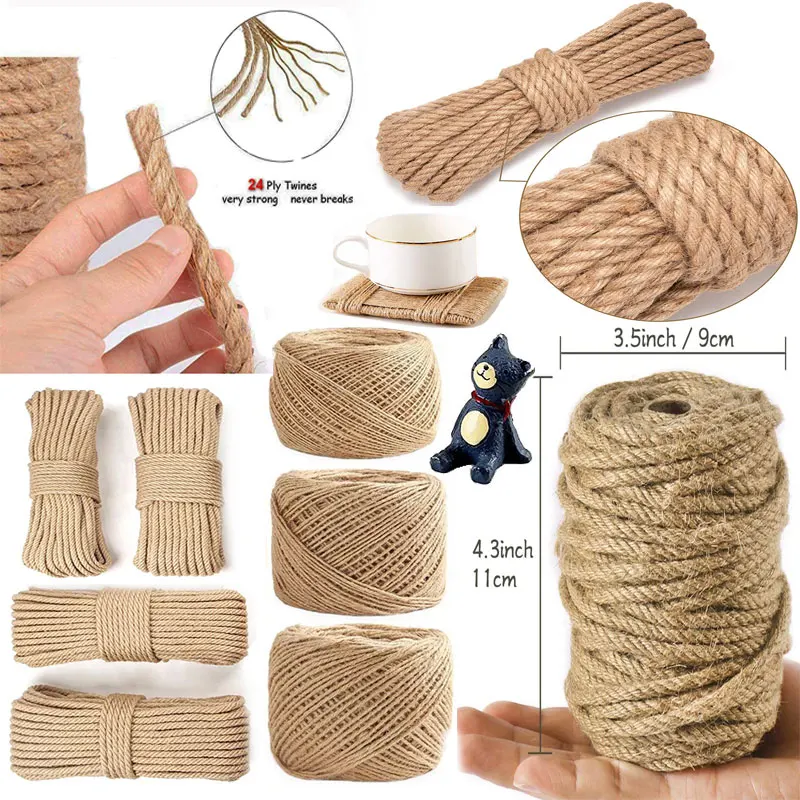 1-14mm Natural Vintage Jute Rope Cord String DIY Basket Cat Pet Scratching Handmade Crafts Gift Wrapping Gardening Wedding Decor