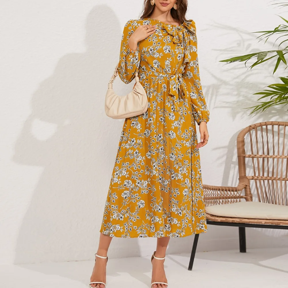 

New Women's Mid-length Pleated Dresses Long-sleeved Floral Skirt Retro Bow Dress High-waist Vintage Floral Beach Dress