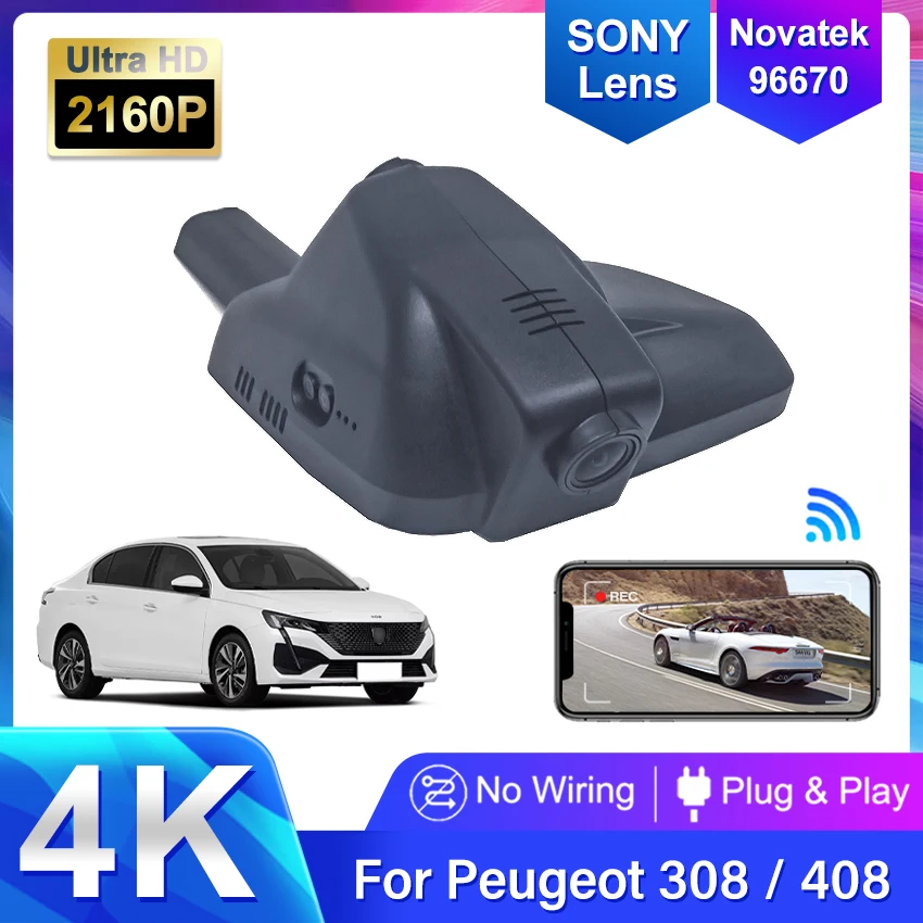 For Peugeot 408 Front and Rear 4K Dash Cam for Car Camera Recorder Dashcam WIFI Car Dvr Recording Devices Accessories