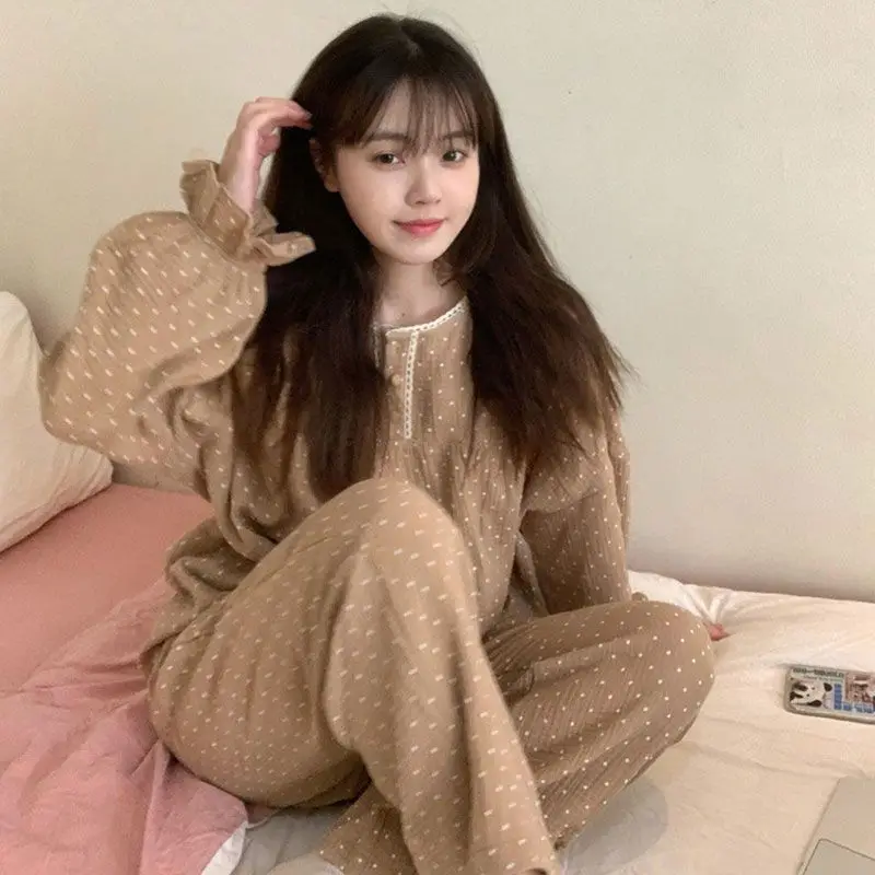 Pajama Sets Women Simple Retro Polka Dot Autumn Loose Sleepwear Korean Students Ins Long Sleeve Cozy Home Clothing Two Pieces