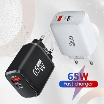 PD 65W GaN 2-in-1 USB Charger – Dual Port Type-C Fast Charging Wall Adapter with EU/US Plug for iPhone, Samsung, Xiaomi, Huawei