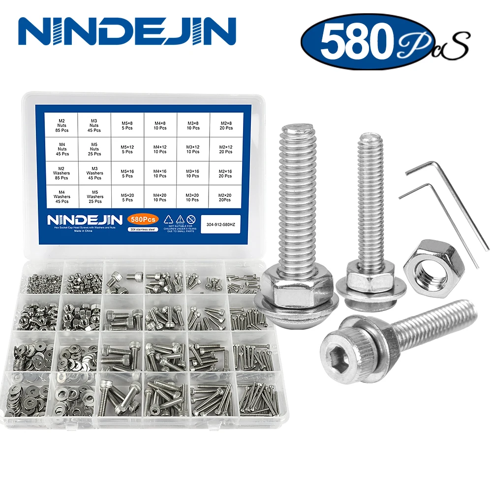 Nindejin-hex Cabeça de Soquete Parafuso Porca Grupo m2 m3 m4 m5 Hexágono Flat Round Cabeça Parafuso Sortido Kit 580 Pcs Set Aço Inoxidável