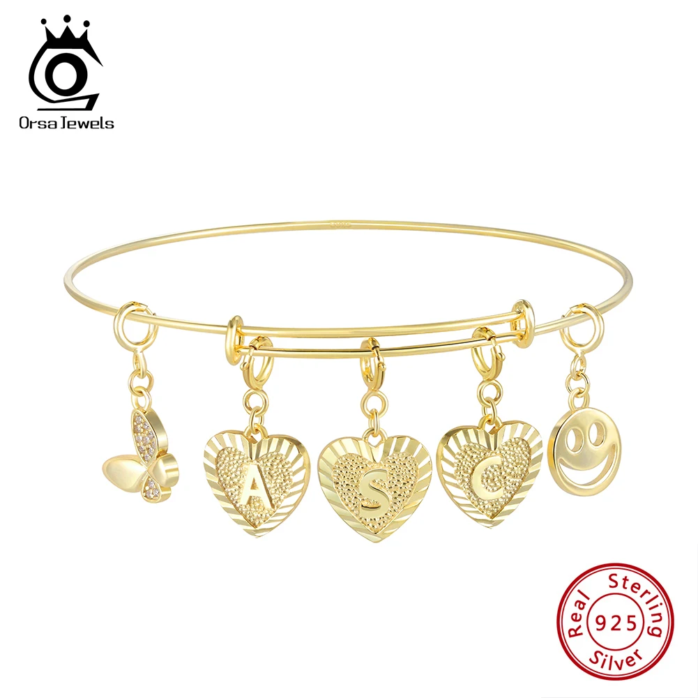 

ORSA JEWELS DIY 925 Sterling Silver Initial Letter Bangle for Women Fashion Personalized Name Symbol Bracelet Jewelry SB169