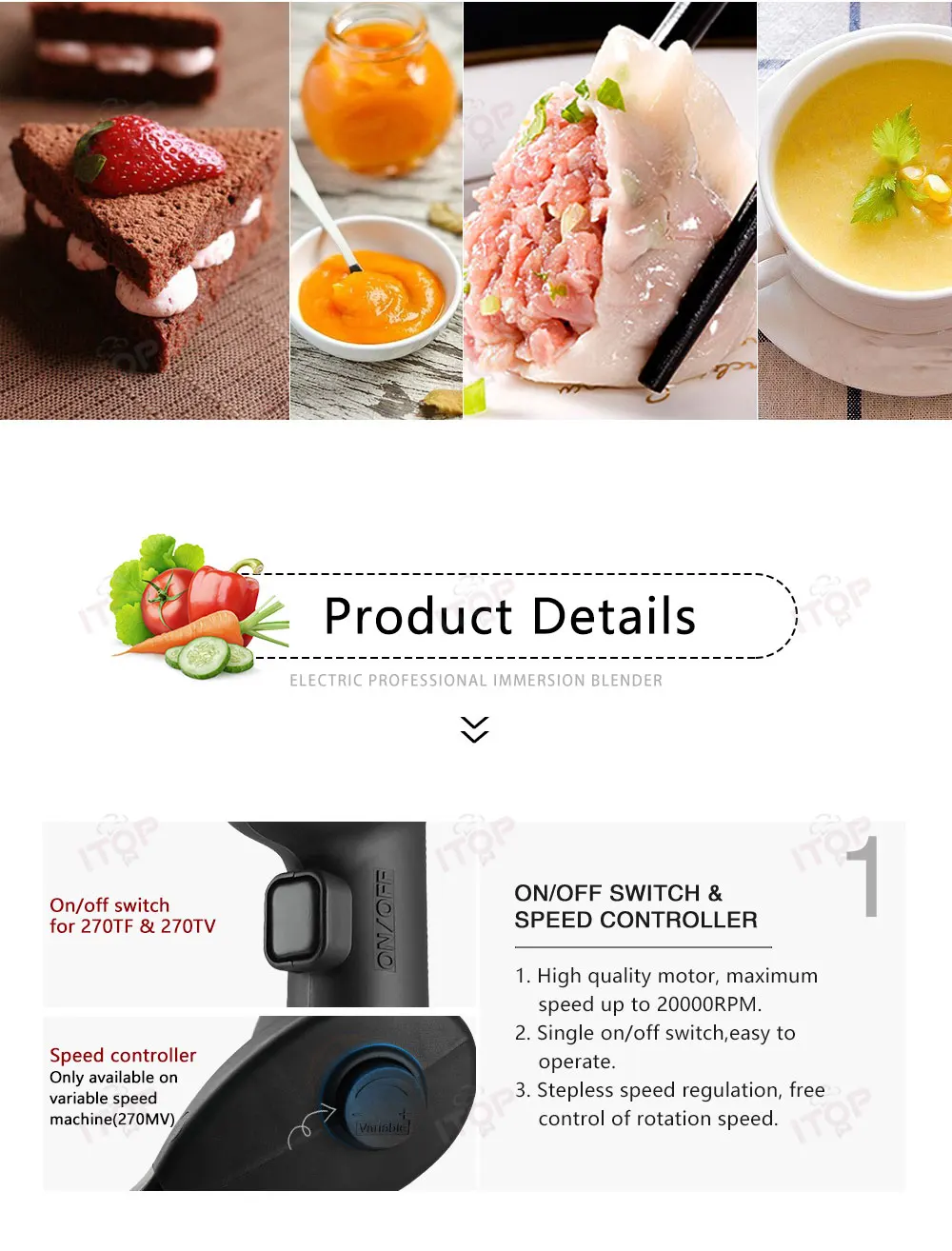 Description Picture 5 of itemITOP 270W Handheld Blender Household/ Commercial Immersion Blender Durable Food Mixer Fixed Speed 20000 RPM