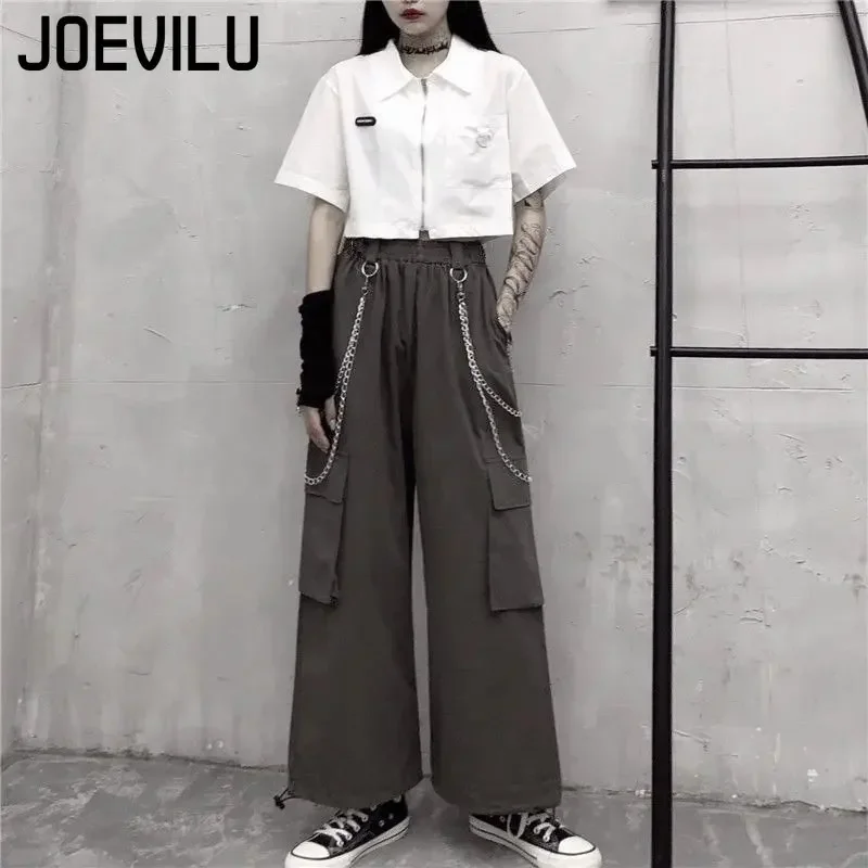Cargo Pants Suit Short Sleeve Slim Shirt High Waist Chain Sweatpants Two Piece Sets Women's Summer Korean Hip-hop Gothic Outfits 2