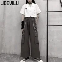 Cargo Pants Suit Short Sleeve Slim Shirt High Waist Chain Sweatpants Two Piece Sets Women's Summer Korean Hip-hop Gothic Outfits 2