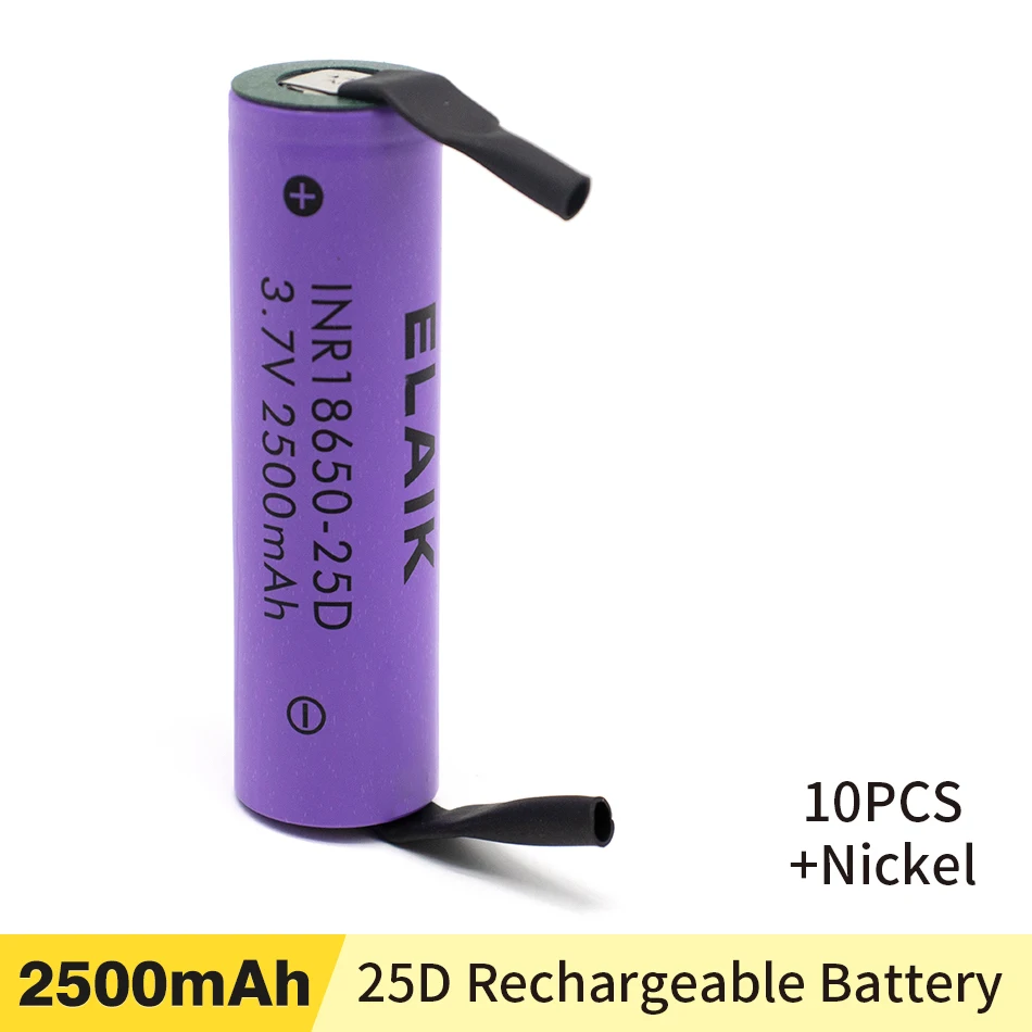 10 Pz 18650 2500Mah Batteria Di Alimentazione Batteria Inr18650 25D 20A Scarica Batteria Agli Ioni Di Litio 15A Batteria A Celle + Nichel Fai Da Te