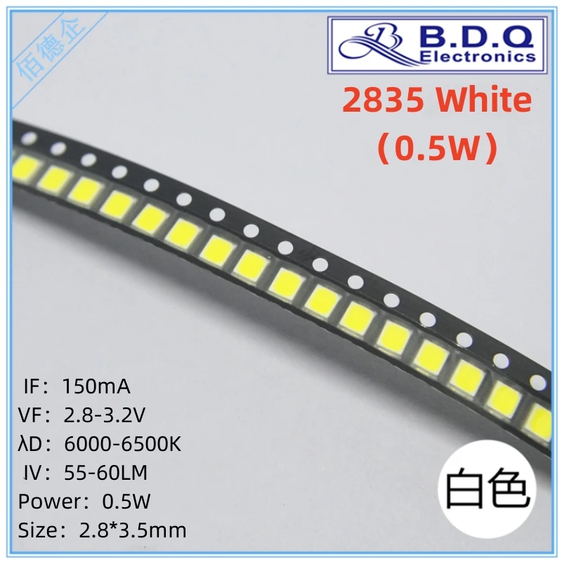 

100Pcs SMD LED 2835 0.5W White 6000-6500K LED Lamp Beads Size 2835 Light-emitting Diode High Bright Quality