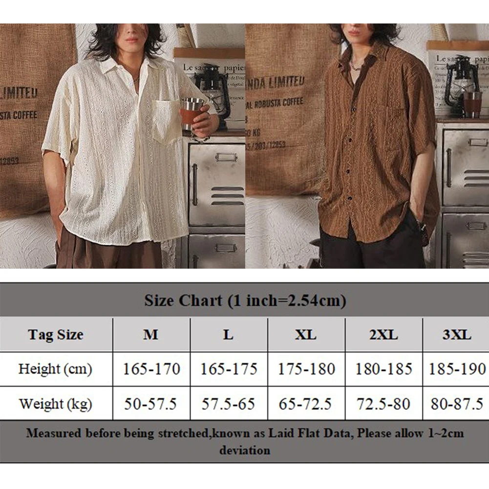 Men Casual Loose Hollow Out Short Sleeve Shirts with pockets Retro Fashion Vacation/Daily All-Match Tops Solid Color 5
