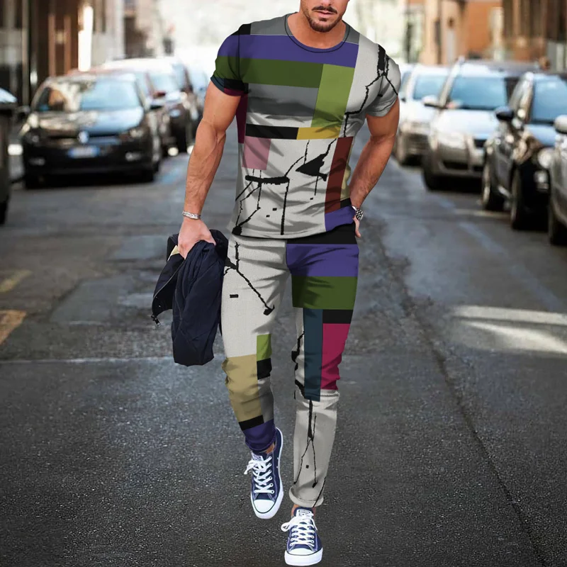 Vintage 3D printed short-sleeved T-shirt trousers Casual breathable 2 Piece Sets Sport tshirts Joogers Harajuku Men's Tracksuit