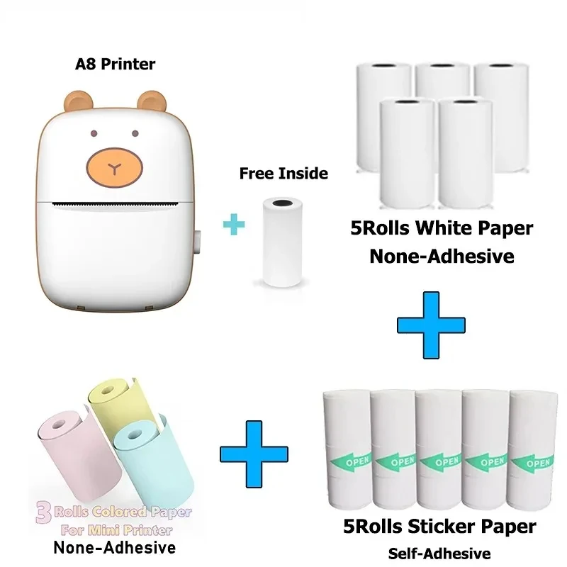 HD Mini Label Printer Thermal Portable A8 Printers Sticker Transparent Paper 57mm Inkless Wireless 203dpi Android IOS Phone