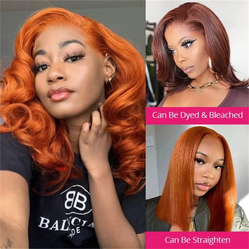 Ginger Orange Short Bob Wig: High-Density Body Wave Human Hair, Glueless Lace Wig for Women - Image 2