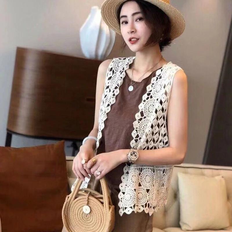 여성 히피 보호 크로 셰 뜨개질 민소매 조끼 기하학 레이스 카디건 비치 커버 업