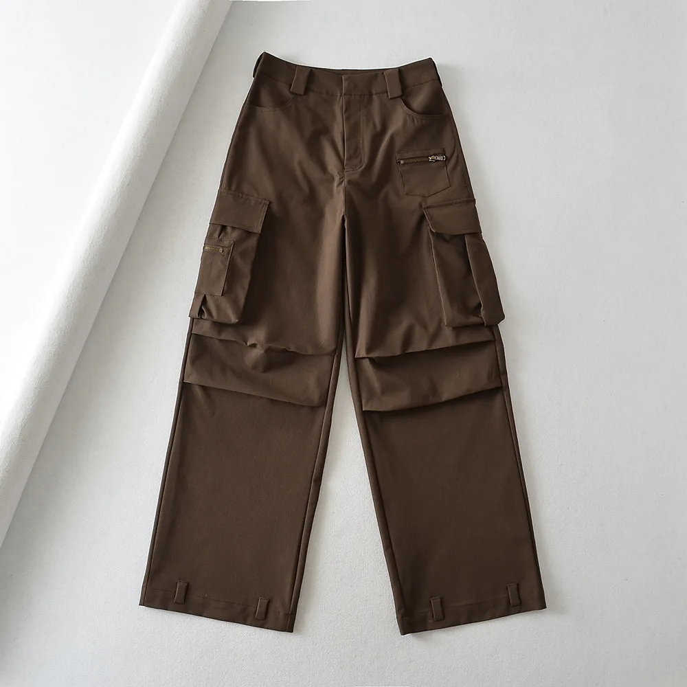 Y2K Korean Neutral Brown Cargo Pants Loose Pocket Wide Leg Trousers Woman Female Street Stylish 2024 Spring New Women Pants