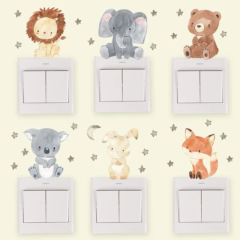 Cute Elephant Bear Rabbits Star Switch Sticker Kid Baby Bedroom Decoration Autoadesivo Home Decor Wallpaper Decalcomanie Da Parete Per Bambini
