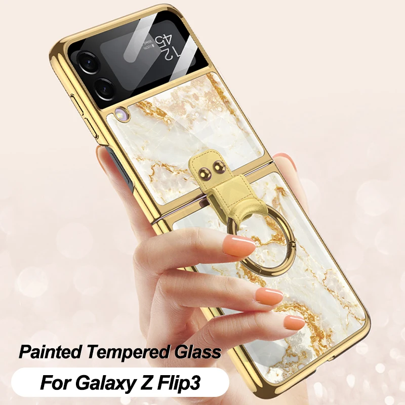 

GKK Гальваническое стекло Жесткий для Samsung Galaxy Z Флип 3 чехол задняя защитная пленка с кольцом подставка чехол для Galaxy Z Флип 3