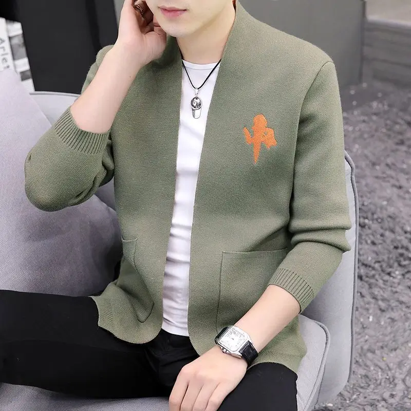 2023 Autumn and Winter Men's Fashion Contrast Color Cardigan Knitted Loose Pocket Plaid Solid Thick Sweater Youth Versatile Top