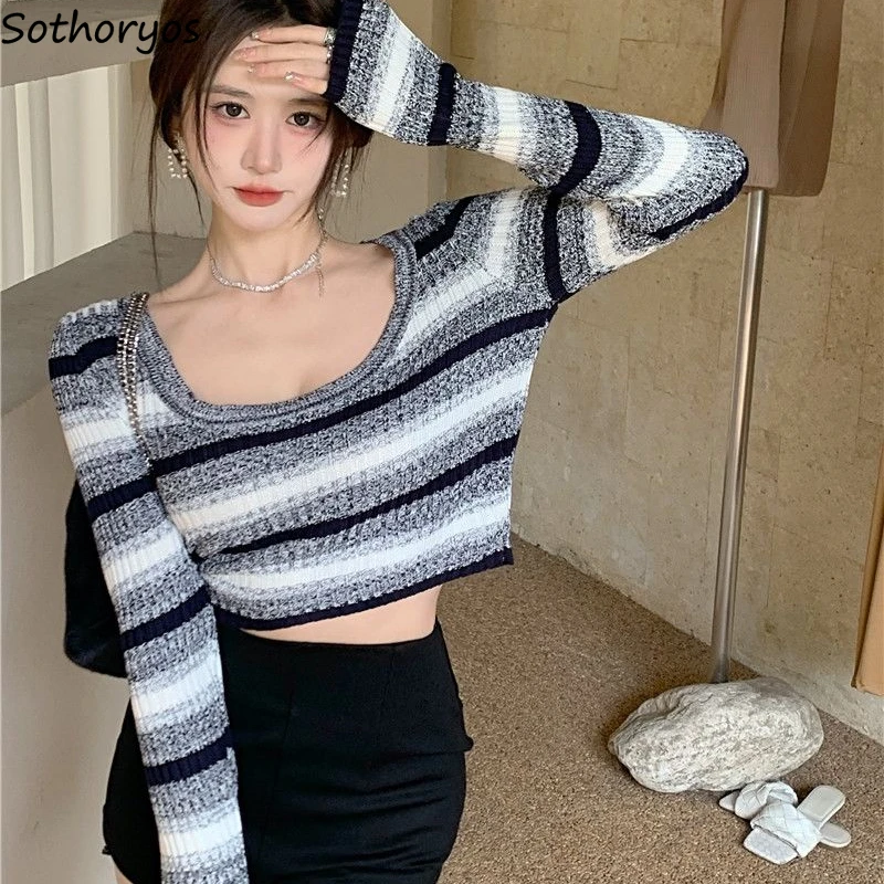 

Укороченные пуловеры, женский весенний свитер в полоску, Модный облегающий пикантный Универсальный элегантный уютный базовый пуловер в Корейском стиле для девушек