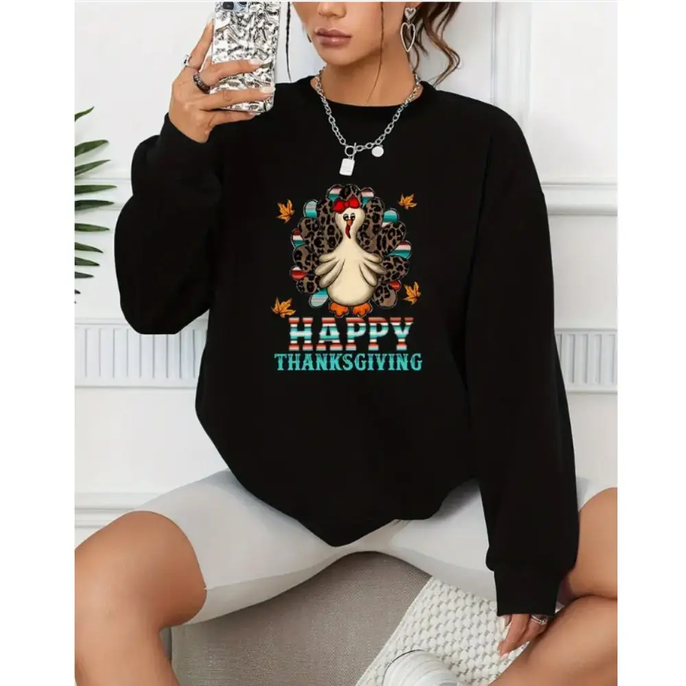 Happy Thanksgiving Print Pullover Casual Loose Fashion Long-Sleeved Sweatshirt Solid Color Women's Sweatshirts  Female Top hoodies happy thanksgiving color blocked kangaroo pocket hoodie in multicolor size l m s xl