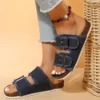 Women Denim Cork Slides Double Buckle Strap Open Toe Non Slip Shoes Casual Outdoor Non Slip Slides 1