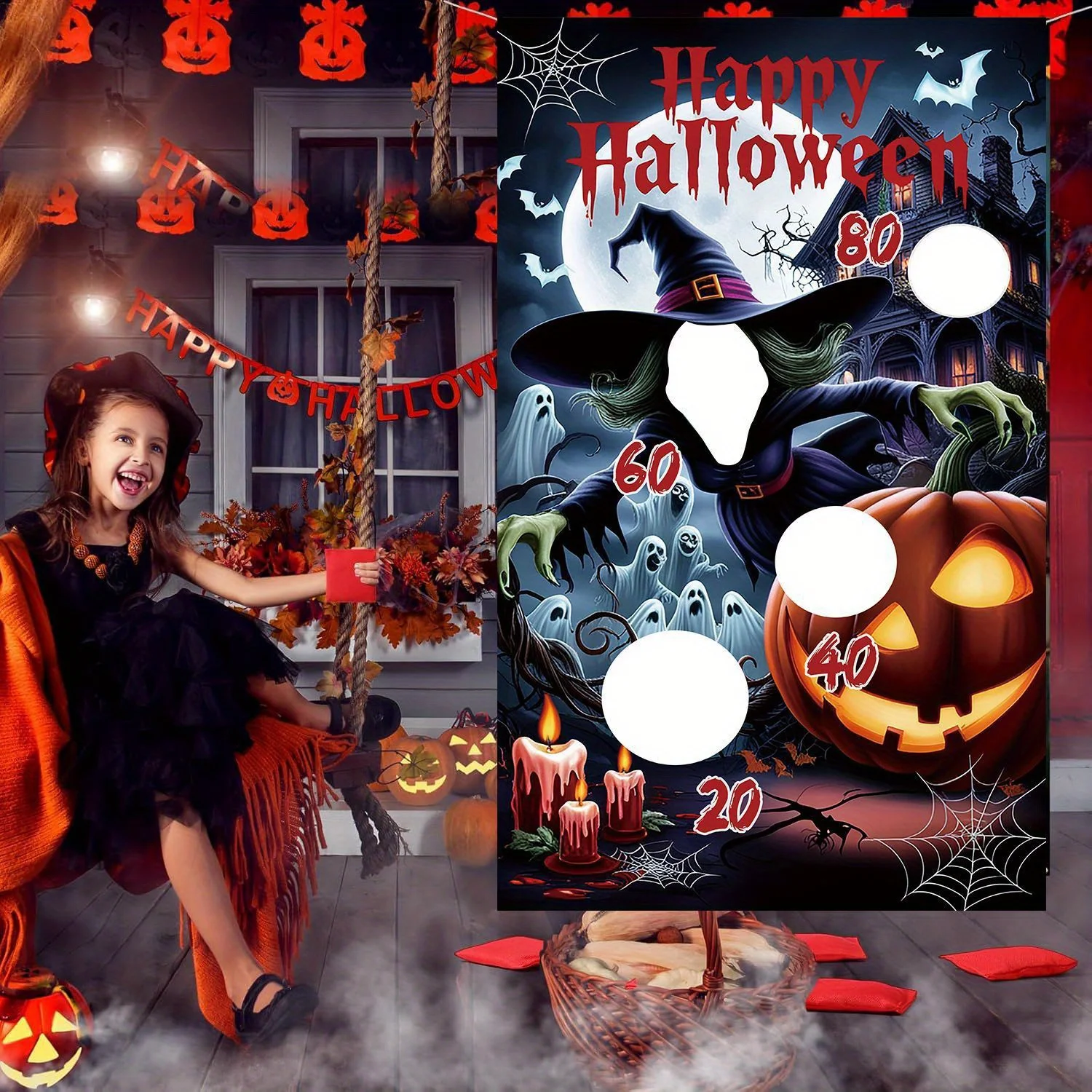 135x76CM Halloween Werfen Taschen Flagge Lustige Spielen Sitzsäcke Spielzeug Spiel mit 1PC Sandsack Kinder Happy Halloween Party Flagge Hängen – Detail 3