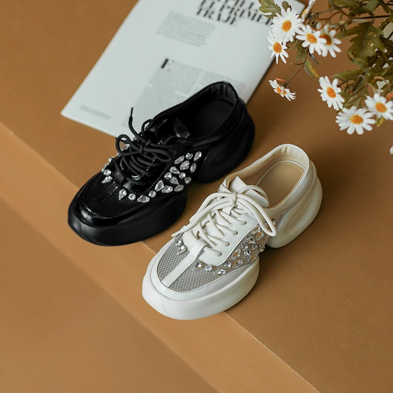 Women's New Spring/Summer Round Head Genuine Leather with Diamond Mesh Thick Sole Breathable Lace up High Heel Sports Shoes