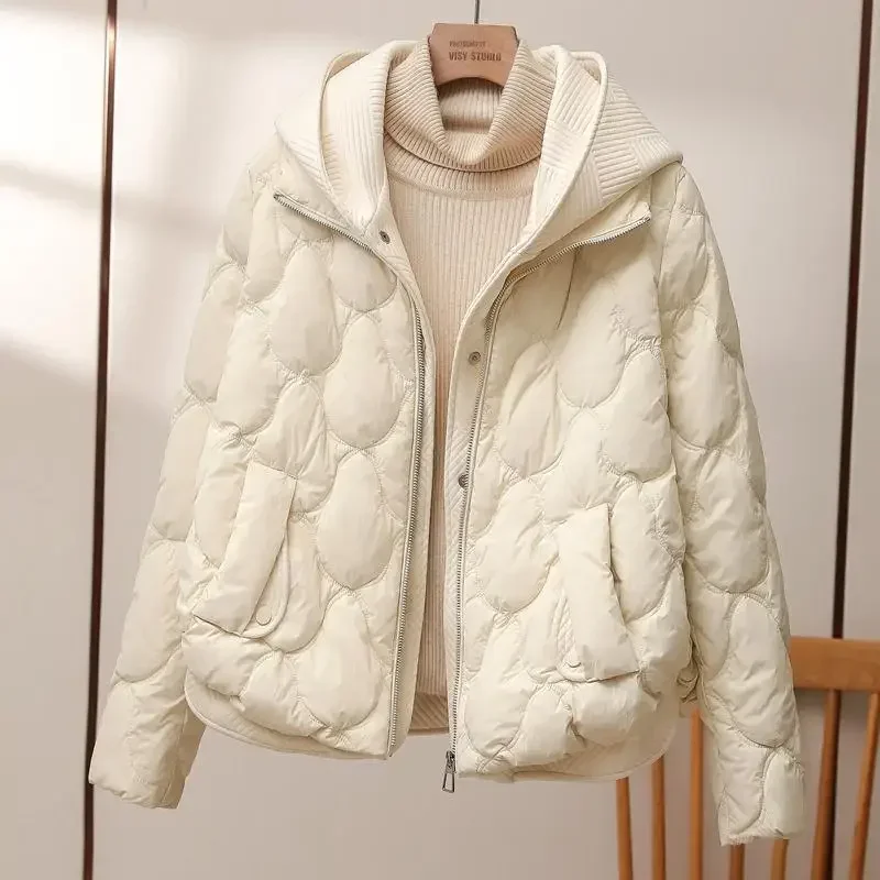 M-3XL Hooded Zipper Parkas Women Fake Two Piece Clothing Windbreak Warm Fashion Kpop Casual 4-Colors Pockets Vintage Minimalist