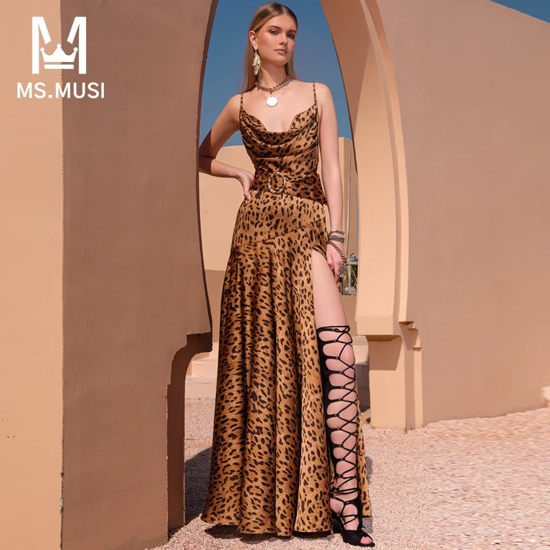 

MSMUSI 2022 New Fashion Women Sexy Leopard Strap Sleeveless Backless Belt Bodycon Party Club Event Slit Maxi Dress Long Gown