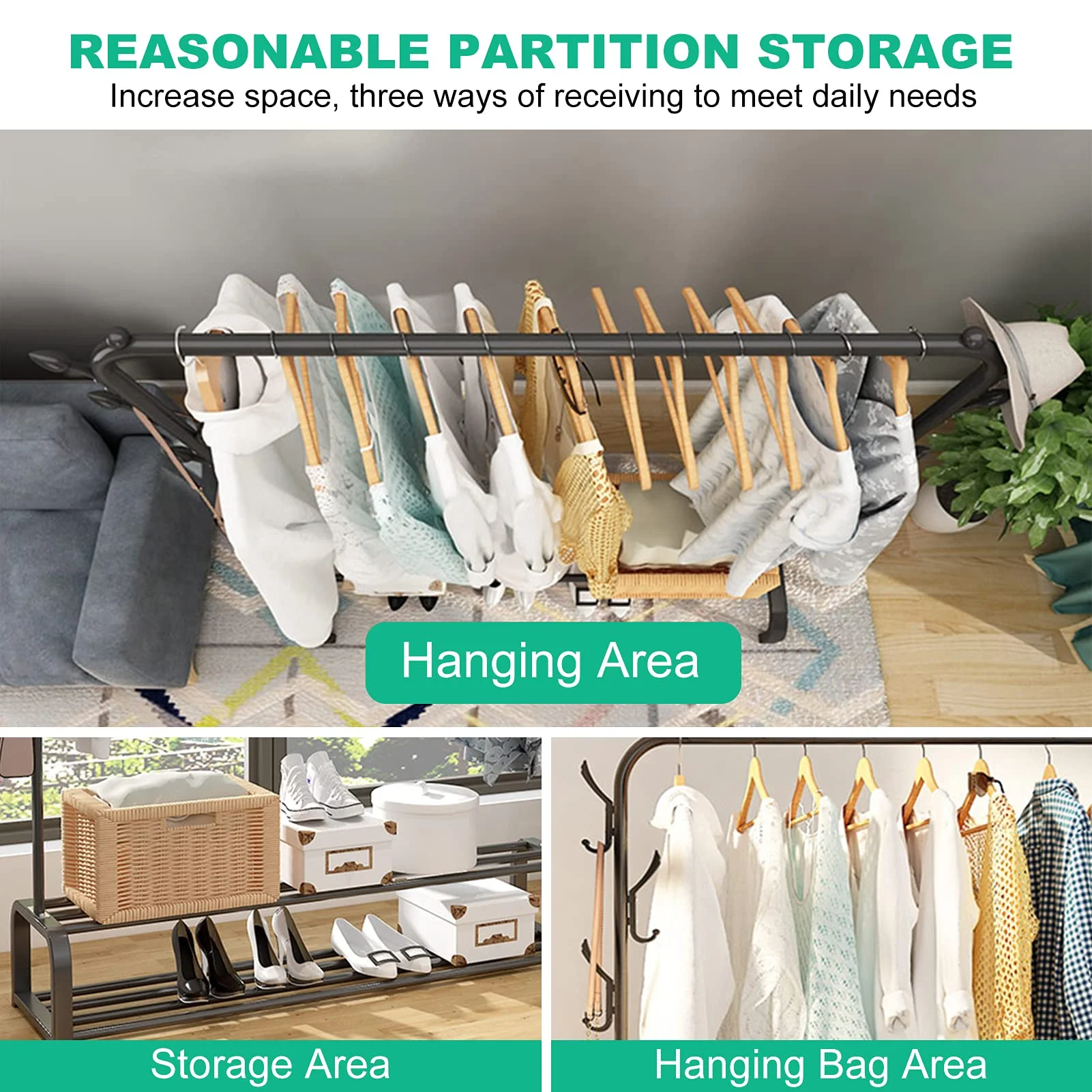 Garment Rack Free-standing Clothes Rack with Top Rod,Coat Rack Clothes, Hanger Wardrobe ,Clothes for Rack Lower Storage