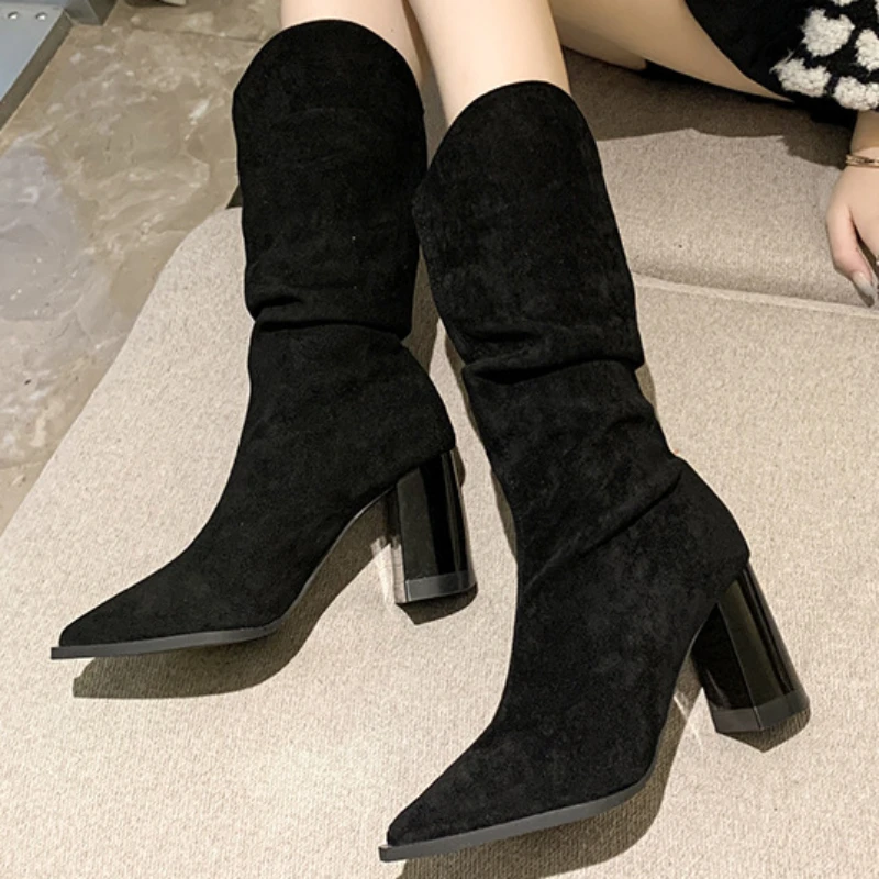 

Knee High Boots for Women Shoes Spring Lady New Solid Color Fashion Versatile Casual Thick Heels Pointed Toe Suede Western Boots