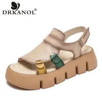 DRKANOL 2026 Handmade Genuine Leather Sandals Women Designer Luxury Hook And Loop Wedges Platform Casual Sandals Summer Shoes