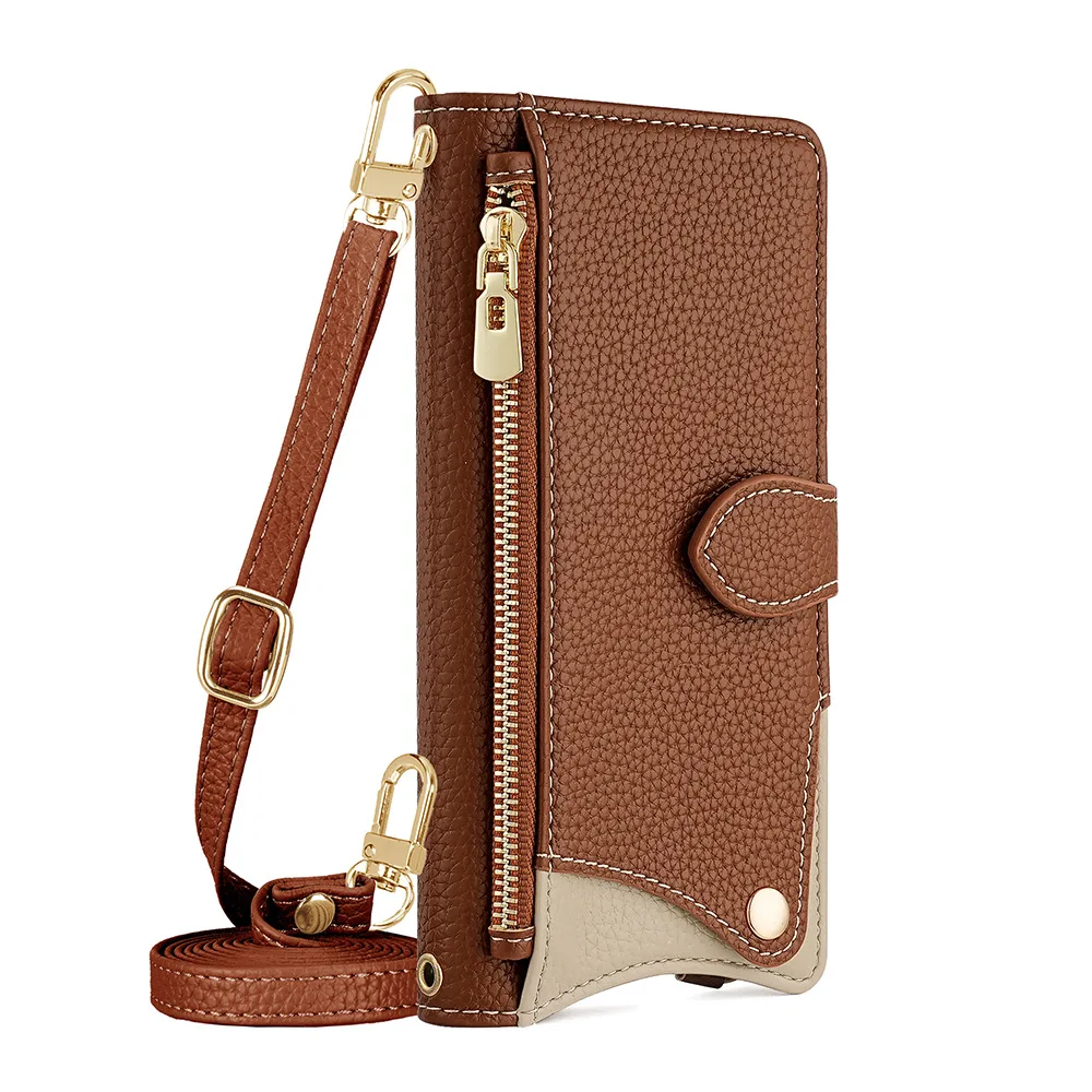 Crossbody Leather Zipper Wallet Phone Case with Mirror and Wrist Strap