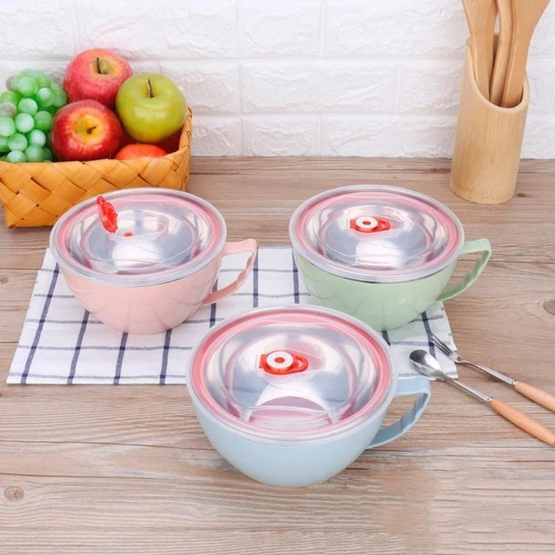 1PCS Stainless Steel Bowl With Handle Solid Color Anti Scalding Instant Noodles Mixing Bowl Kitchen Tableware Food Accessory