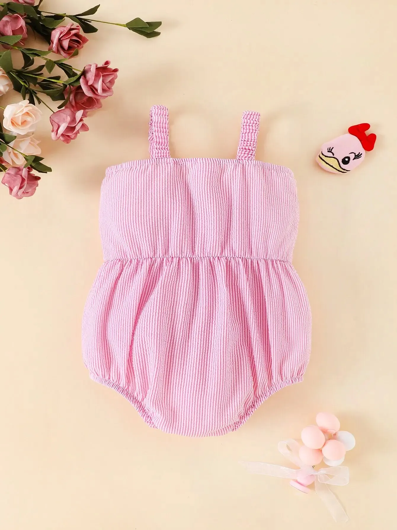 Baby Jumpsuit Summer Baby Girl Sweet Casual Halter Onesie Pink Stripe Pink Bow Travel Vacation Comfort Onesie