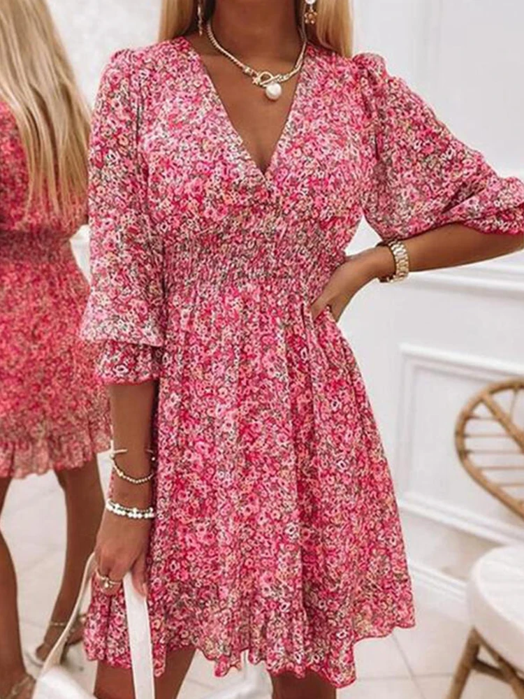 Sweet Printed 3/4 Sleeves Draped Women Dress 2022 Summer Elegant Holiday Girly Dresses Sexy V-Neck Waist-Up Bohemia Mini Dress