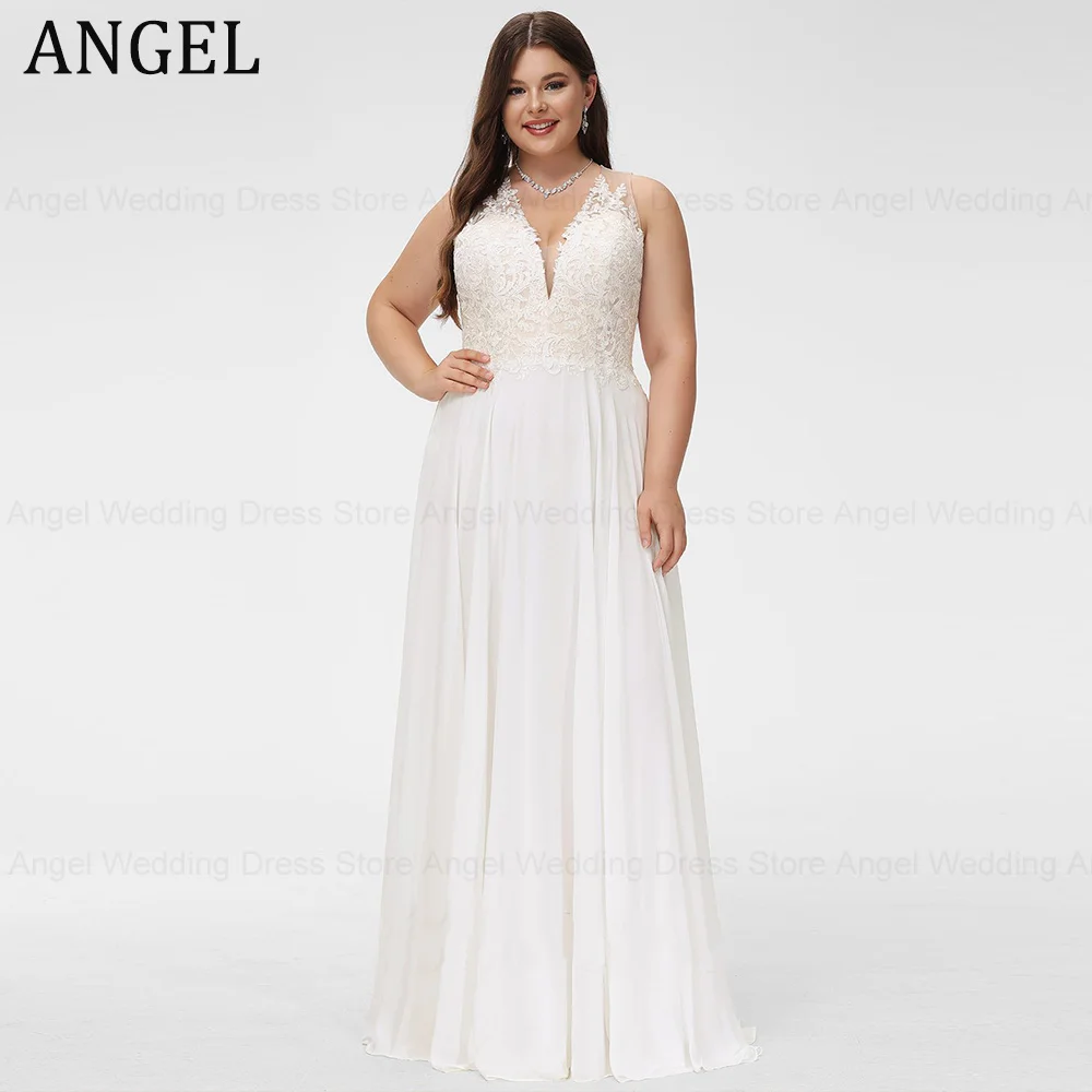 

ANGEL Chiffon Plus Size Wedding Dresses for Women 2024 A-Line V-Neck Lace Applique Backless Bridal Dress Vestido de Novias Boda