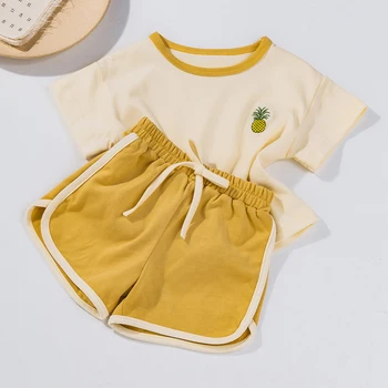 2pcs Baby Girls T-Shirts Pineapple Embroidery Color Block Short Sleeve Tees Top Elastic Waist Shorts Clothes Set Kids Summer 1