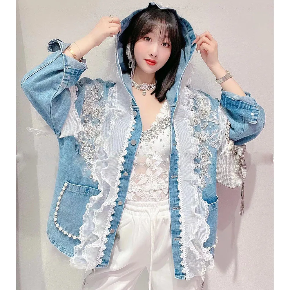 

Women Hooded Ruffles Lace Spliced Diamonds Denim Coat Spring Fall Pearls Beaded Floral Embroidery Jacket Hat Jeans Cardigan Tops