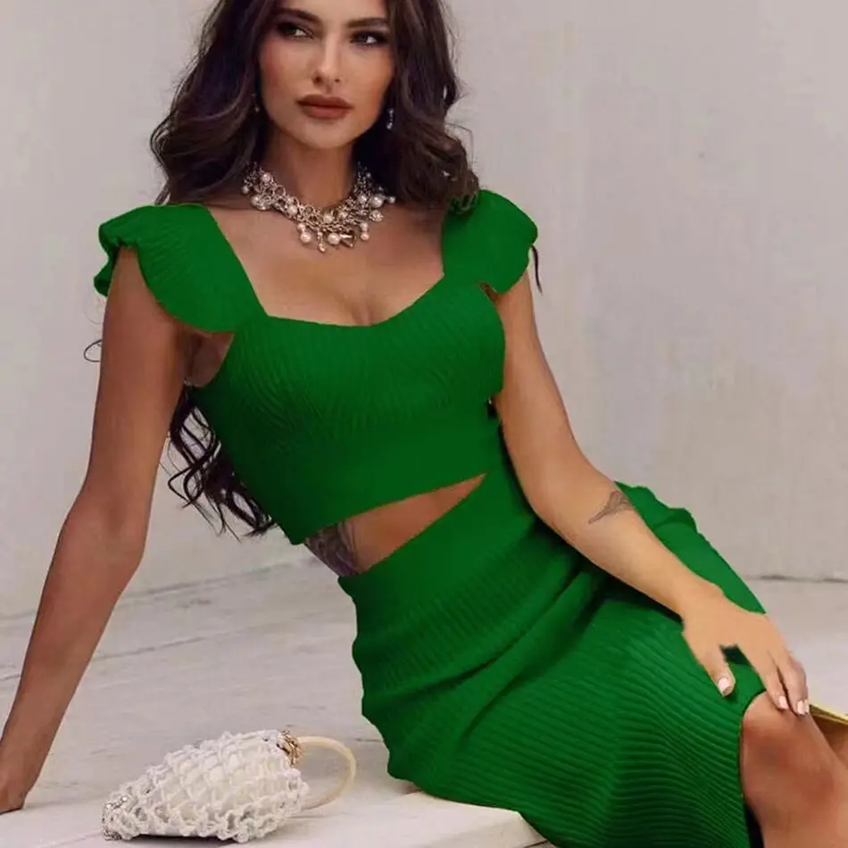 

High Quality Celebrity Sexy Fashion Green Yellow Ruffles Bodycon Rayon Two Pieces Bandage Dress Two Pieces & Skirt Set