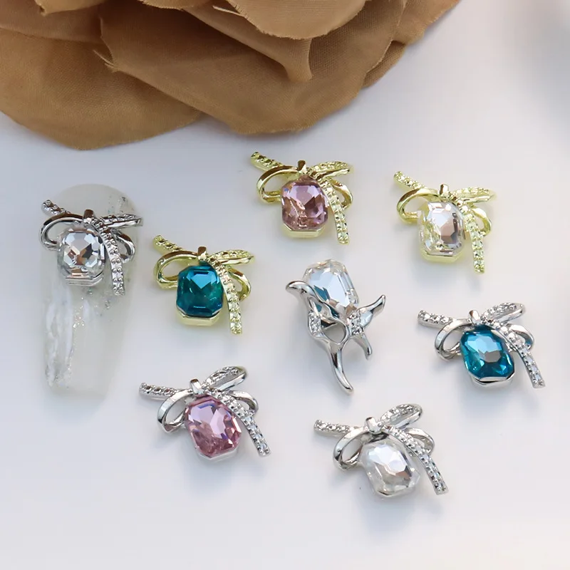 

5PCS Luxury Alloy Bow Nail Charms With Square Rhinestone Accessories Parts Manicure Decor Glitter Nail Art Decoration Supplies