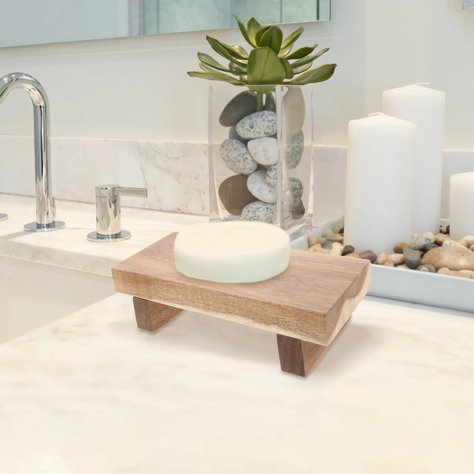 

Wood Pedestal Stand Farmhouse Wood Riser Bathroom Display Stool Kitchen Soap Tray Sink Sponge Holder Candle Plant Tray