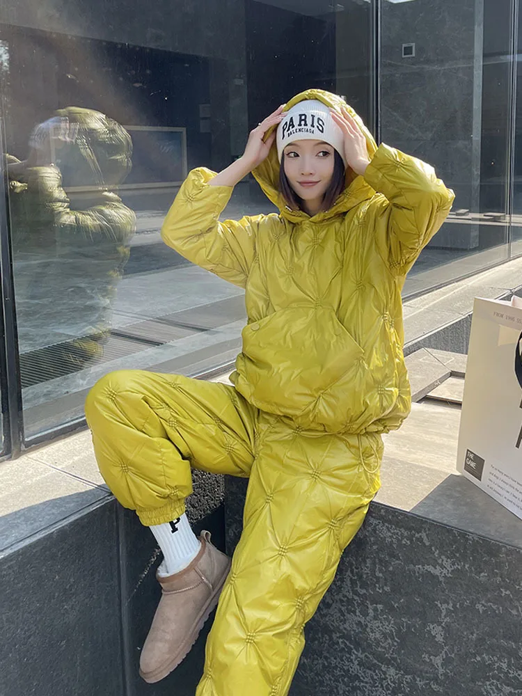 

Winter Two Piece Set Pants Down High Waist Warm Hooded Jacket+Cargo Pants Warmed Women's Female Candy Work Trousers Women