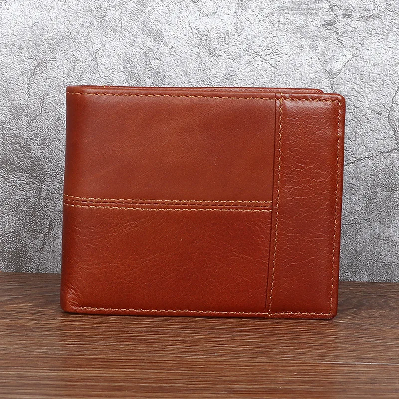 Small Mens Wallet Top Layer Cowhide Leather Bifold Card Holder Short Wallet with Zipper Coin Pocket Retro Horizontal Billfold