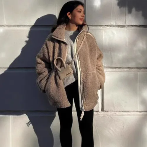 جديد المرأة جاكيت من الصوف الخريف الشتاء سستة ملابس خارجية الدافئة أفخم السترات Harajuku عادية فضفاض الإناث معطف سميك القمم الملابس